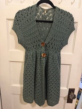 Free People Crochet Knit Button-Front Short Sleeve Cardigan - Sage Green